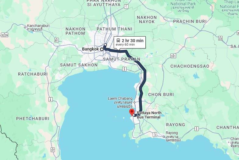 Карта пути из Паттайи в Бангкок